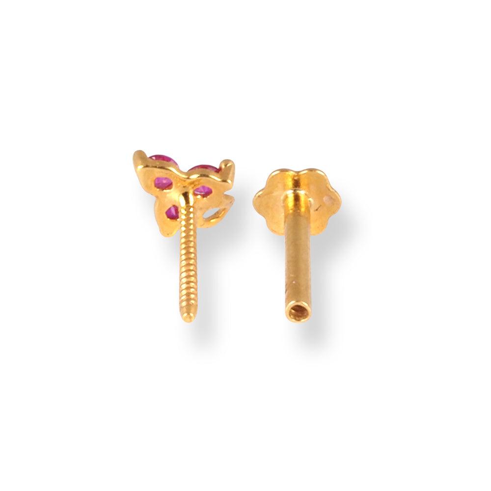 18ct Yellow Gold Screw Back Nose Stud with 3 Pink Cubic Zirconia Stones NIP-4-070f - Minar Jewellers