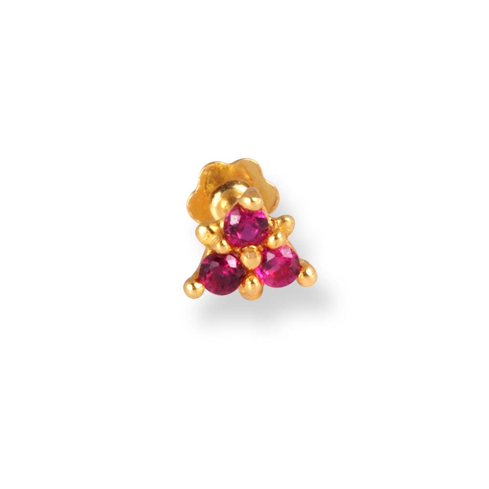 18ct Yellow Gold Screw Back Nose Stud with 3 Pink Cubic Zirconia Stones NIP-4-070k - Minar Jewellers