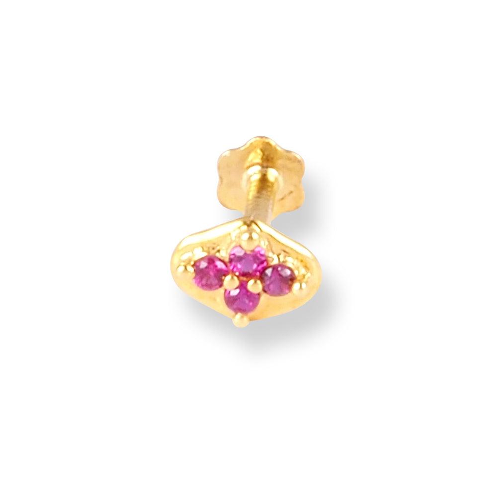 18ct Yellow Gold Screw Back Nose Stud with 4 red Cubic Zirconia Stones NS-4794 - Minar Jewellers