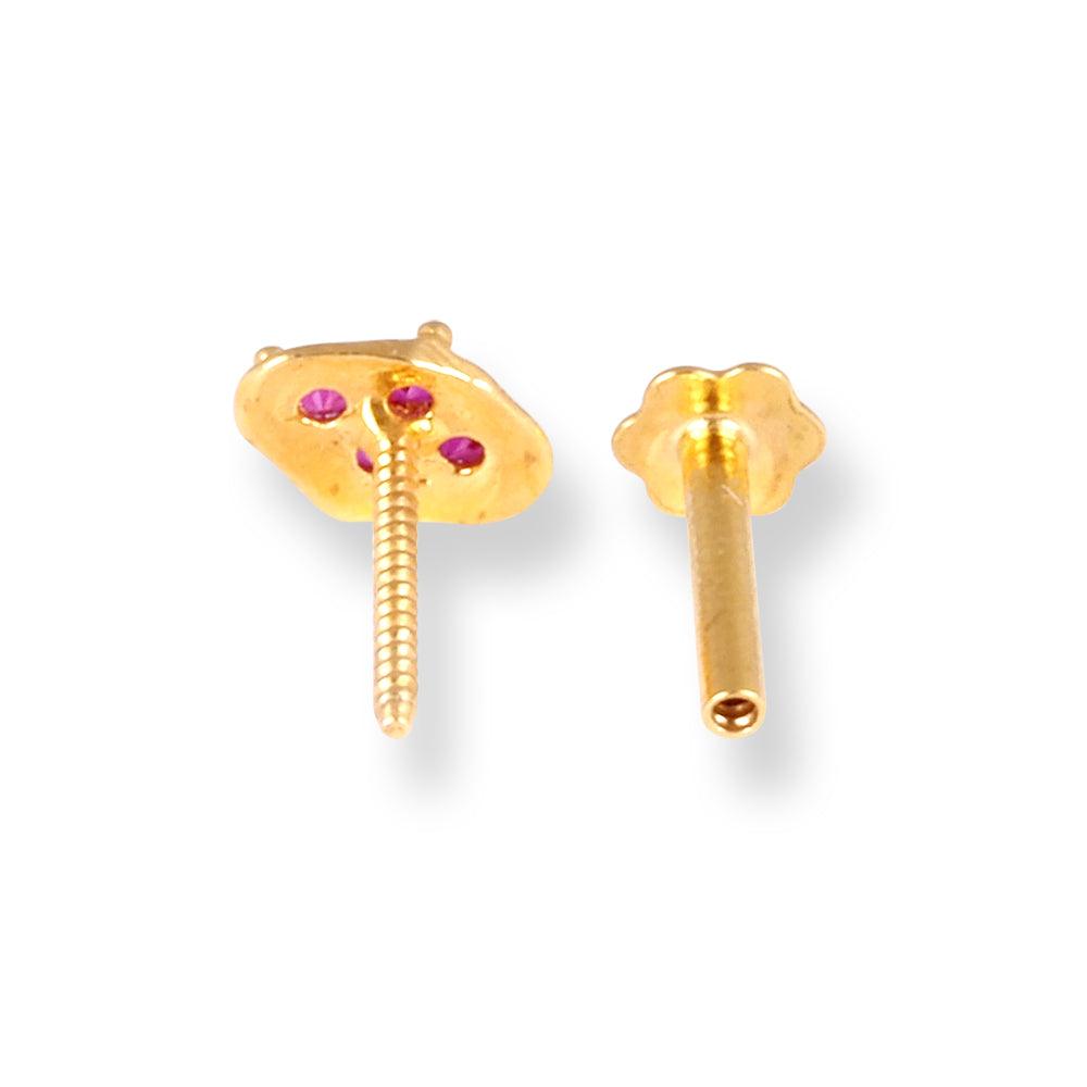 18ct Yellow Gold Screw Back Nose Stud with 4 red Cubic Zirconia Stones NS-4794 - Minar Jewellers