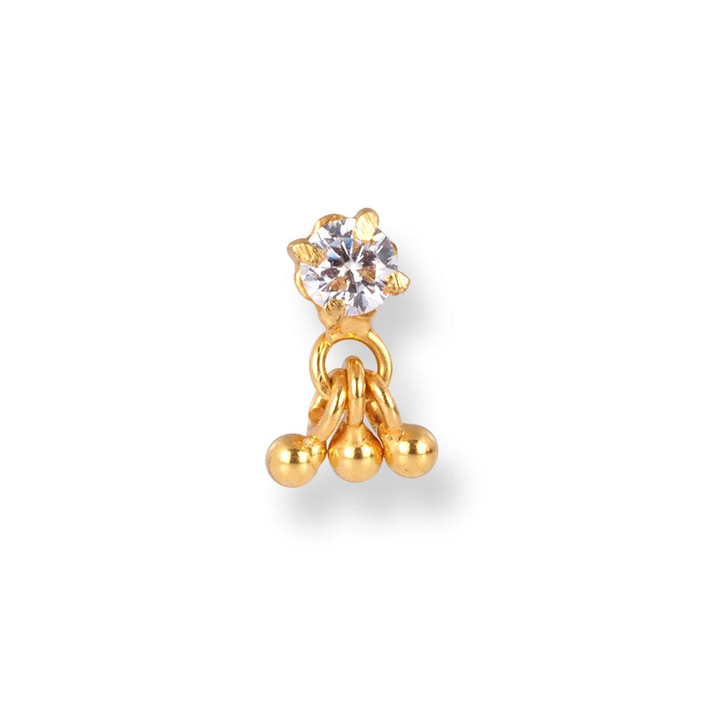 18ct Yellow Gold Screw Back Nose Stud with a Cubic Zirconia Stone & Gold Drops NS-1290 - Minar Jewellers