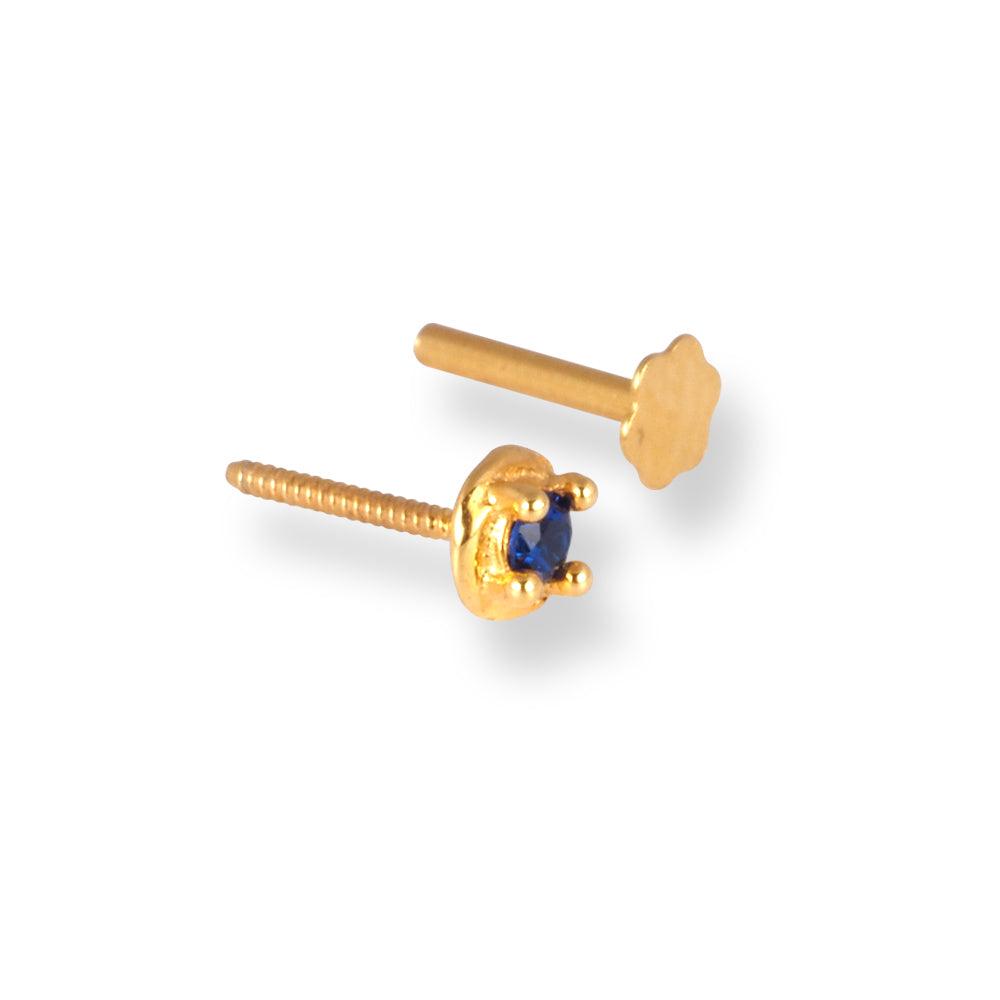 18ct Yellow Gold Screw Back Nose Stud with Blue Cubic Zirconia Stone NIP-4-070i - Minar Jewellers