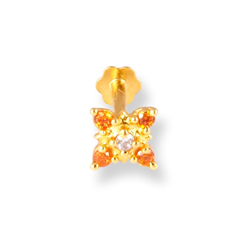 18ct Yellow Gold Screw Back Nose Stud with One White & Four Orange Cubic Zirconia Stones NIP-5-570h