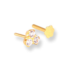 18ct Yellow Gold Screw Back Nose Stud with three white Cubic Zirconia Stones NS-4590 - Minar Jewellers