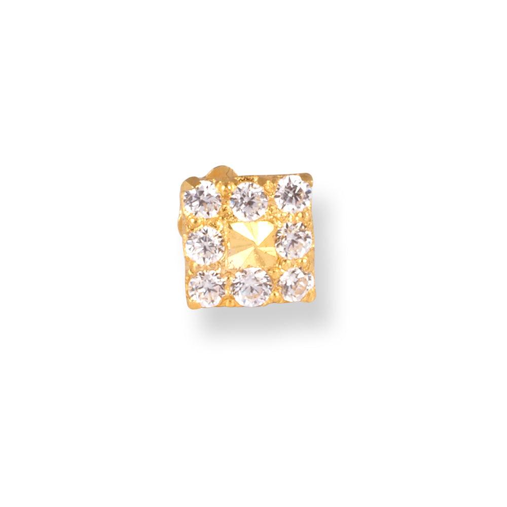 18ct Yellow Gold Square Shaped Screw Back Nose Stud with Cubic Zirconia Stones NIP-6-210 - Minar Jewellers