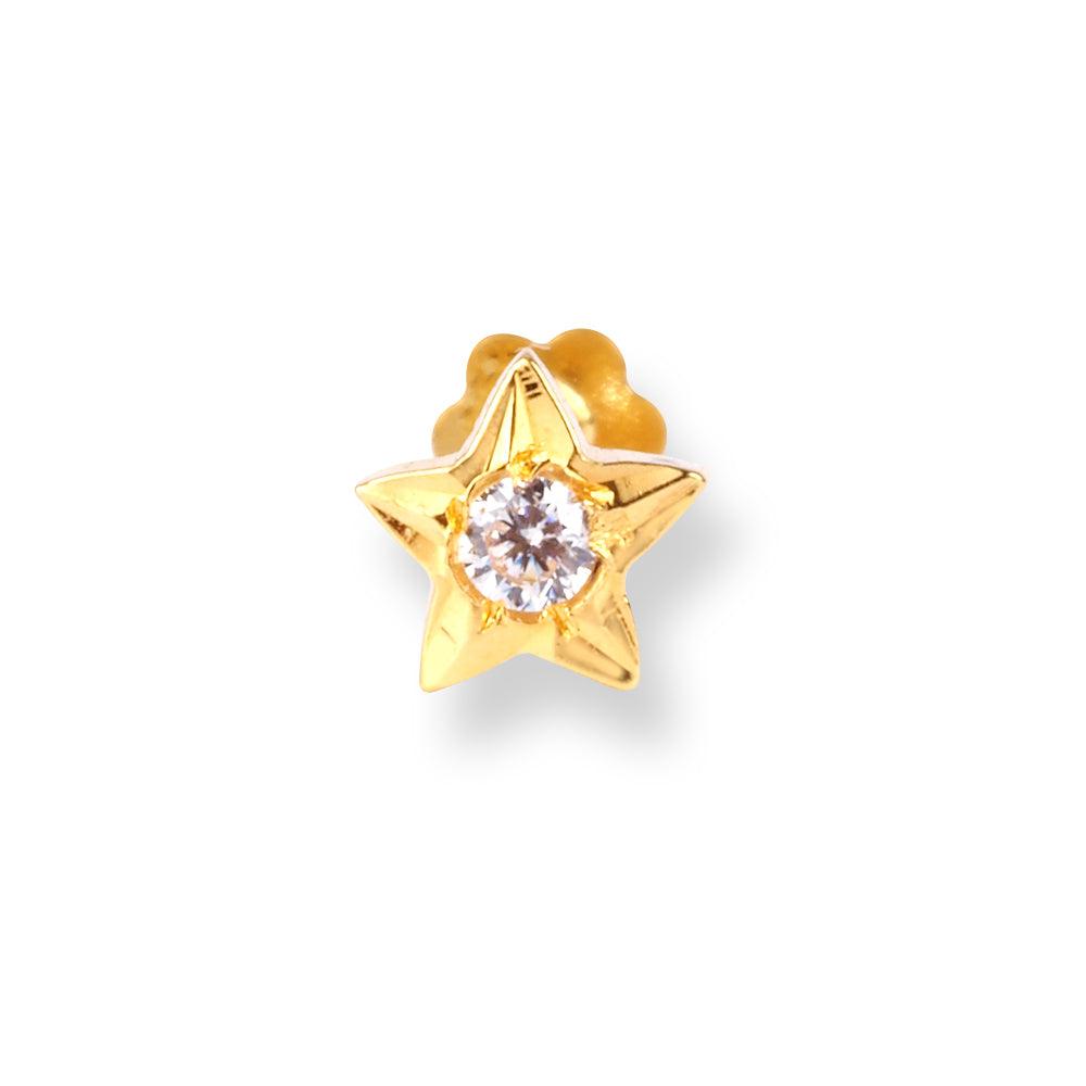 18ct Yellow Gold Star-Shaped Screw Back Nose Stud with One White Cubic Zirconia NS-4701 - Minar Jewellers