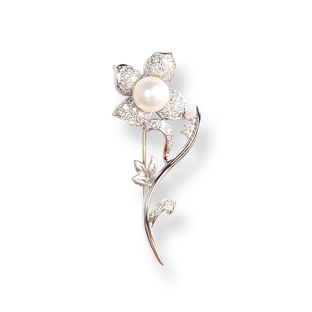 18ct White Gold Diamond Brooch with Cultured Pearl in Flower Design BRO-5886