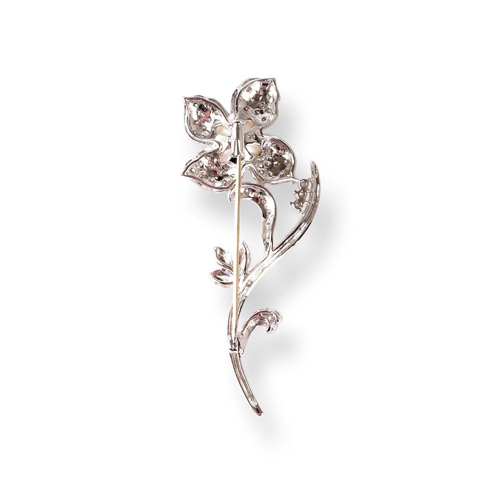 18ct White Gold Diamond Brooch with Cultured Pearl in Flower Design BRO-5886 - Minar Jewellers