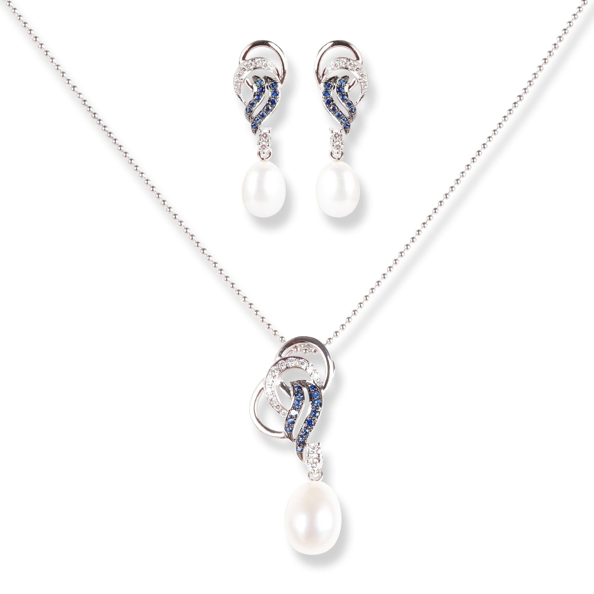 18ct White Gold Diamond , Blue Sapphire & Cultured Pearl Drop Set MCS6059/60 - Minar Jewellers