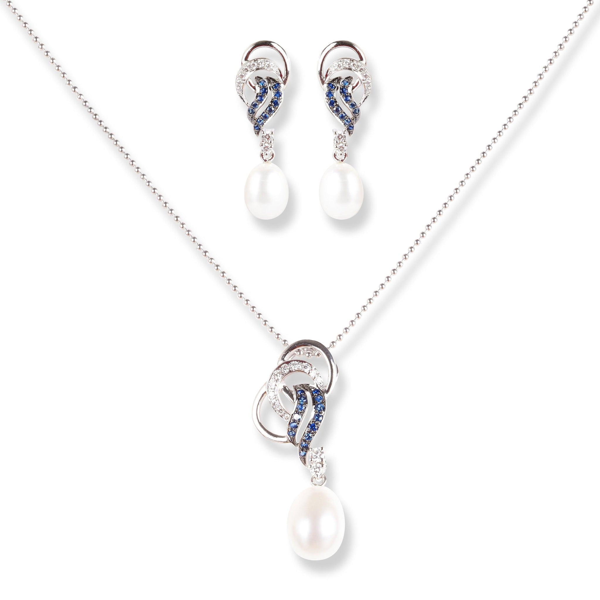 18ct White Gold Diamond , Blue Sapphire & Cultured Pearl Drop Set MCS6059/60