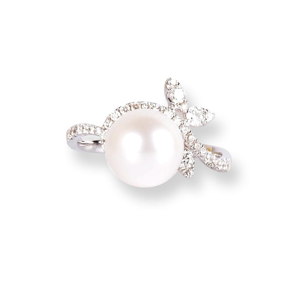 18ct White Gold Diamond & Cultured Pearl Ring LR-6653