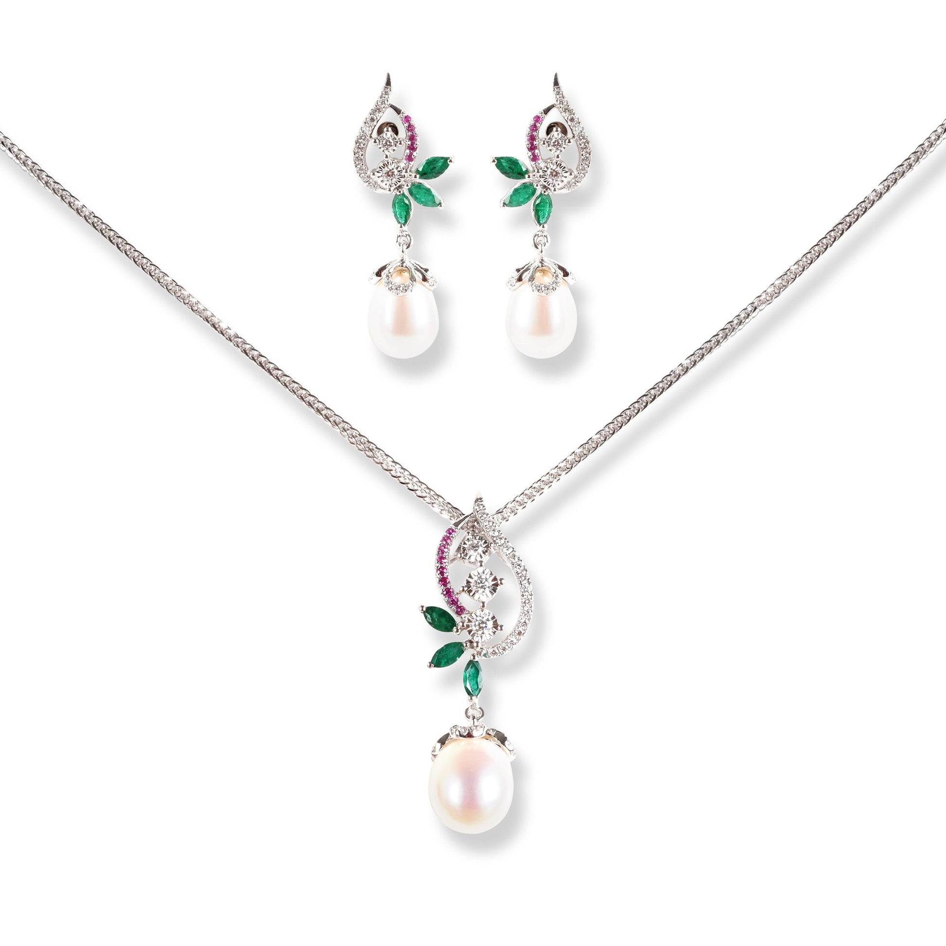 18ct White Gold Diamond , Emerald, Ruby & Cultured Pearl Drop Set MCS6231/2 - Minar Jewellers