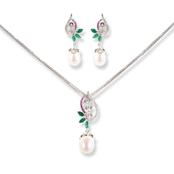 18ct White Gold Diamond , Emerald, Ruby & Cultured Pearl Drop Set MCS6231/2 - Minar Jewellers