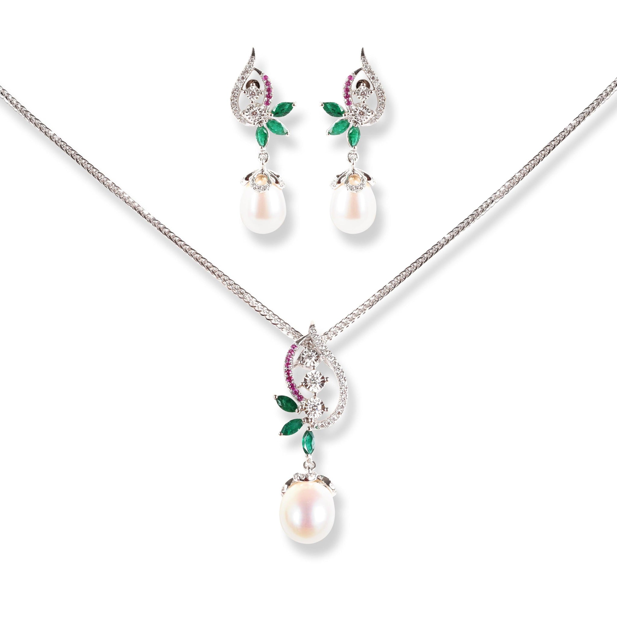 18ct White Gold Diamond , Emerald, Ruby & Cultured Pearl Drop Set MCS6231/2