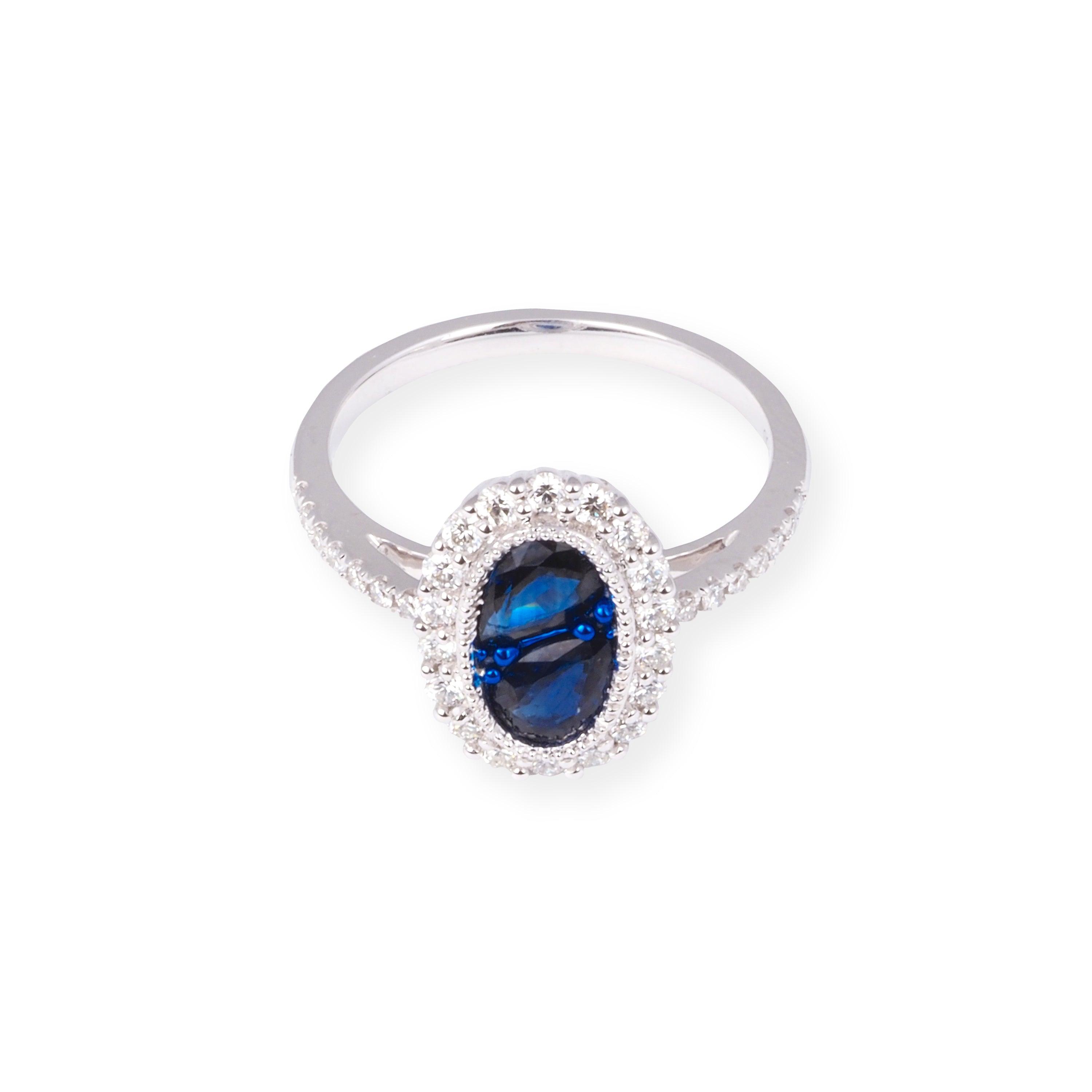 18ct White Gold Oval Shaped Diamond & Blue Sapphire Ring LR-7044 - Minar Jewellers