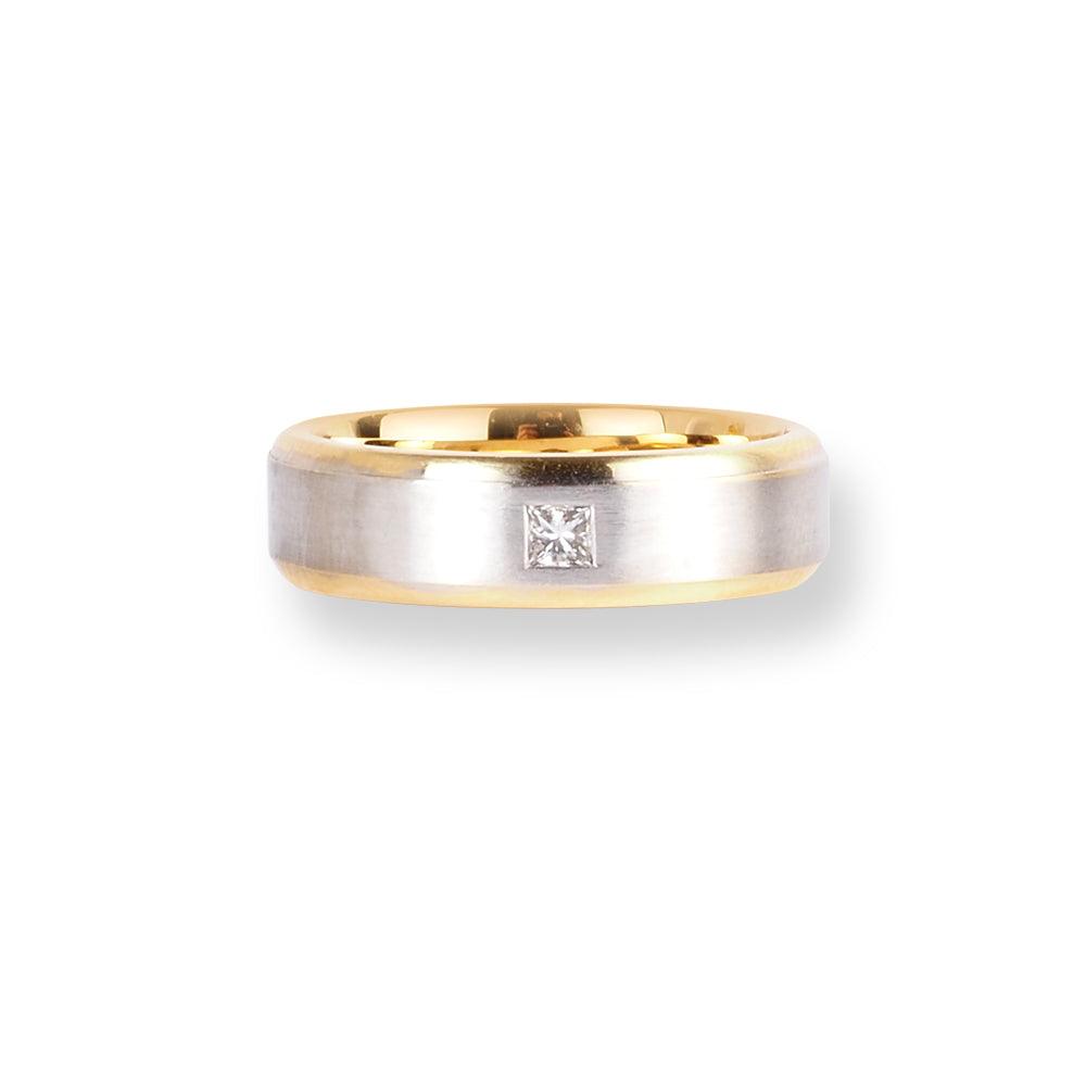18ct White & Yellow Gold Wedding Band With Satin Finish & Polished Grooved Edges LR-6657
