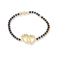 18ct Yellow Gold / 18ct White Gold Diamond Adjustable Children's Bracelet with Small Feet and Black Beads MCS4275 - Minar Jewellers