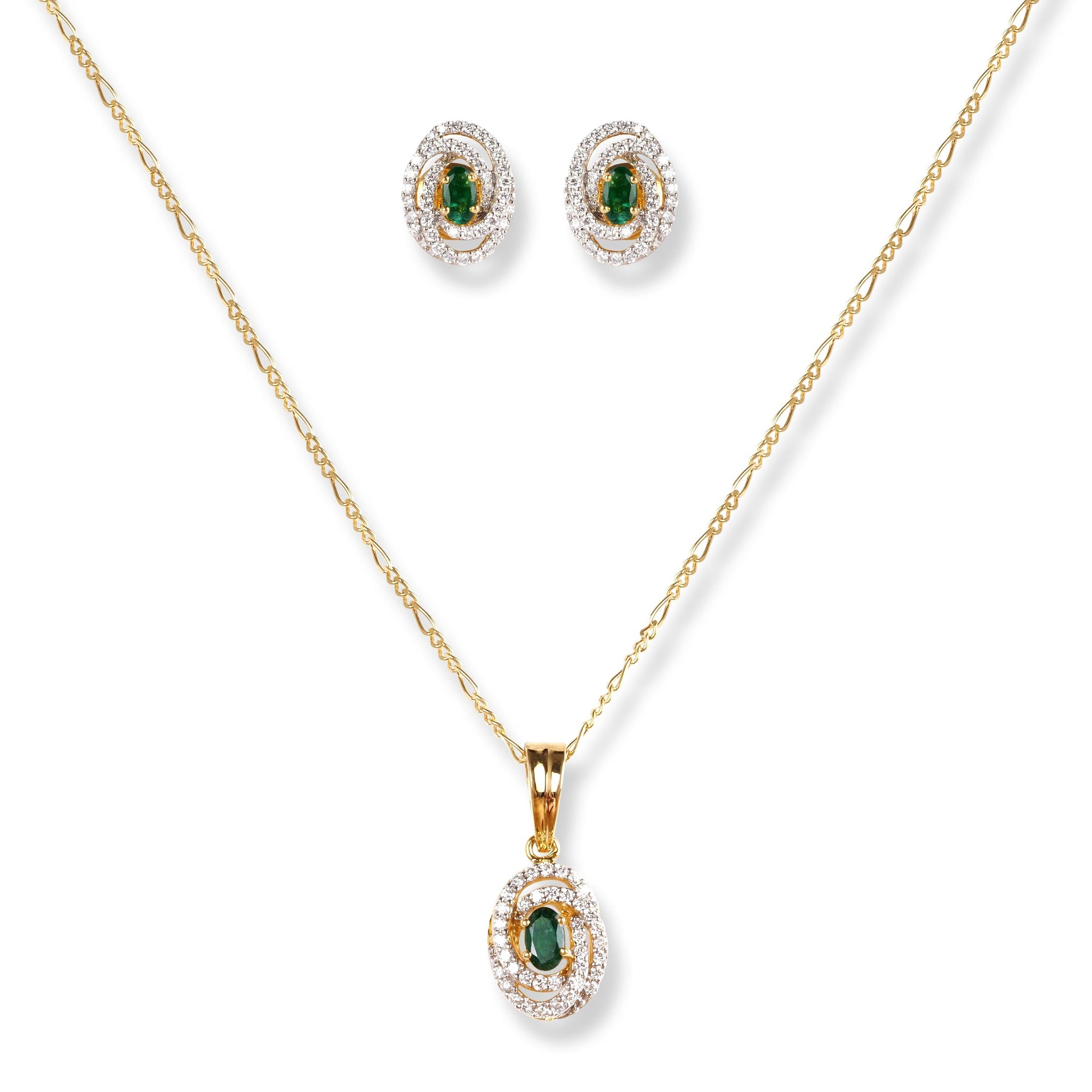 18ct Yellow Gold Diamond & Emerald Set (Pendant + Chain + Earrings) MCS6245/46