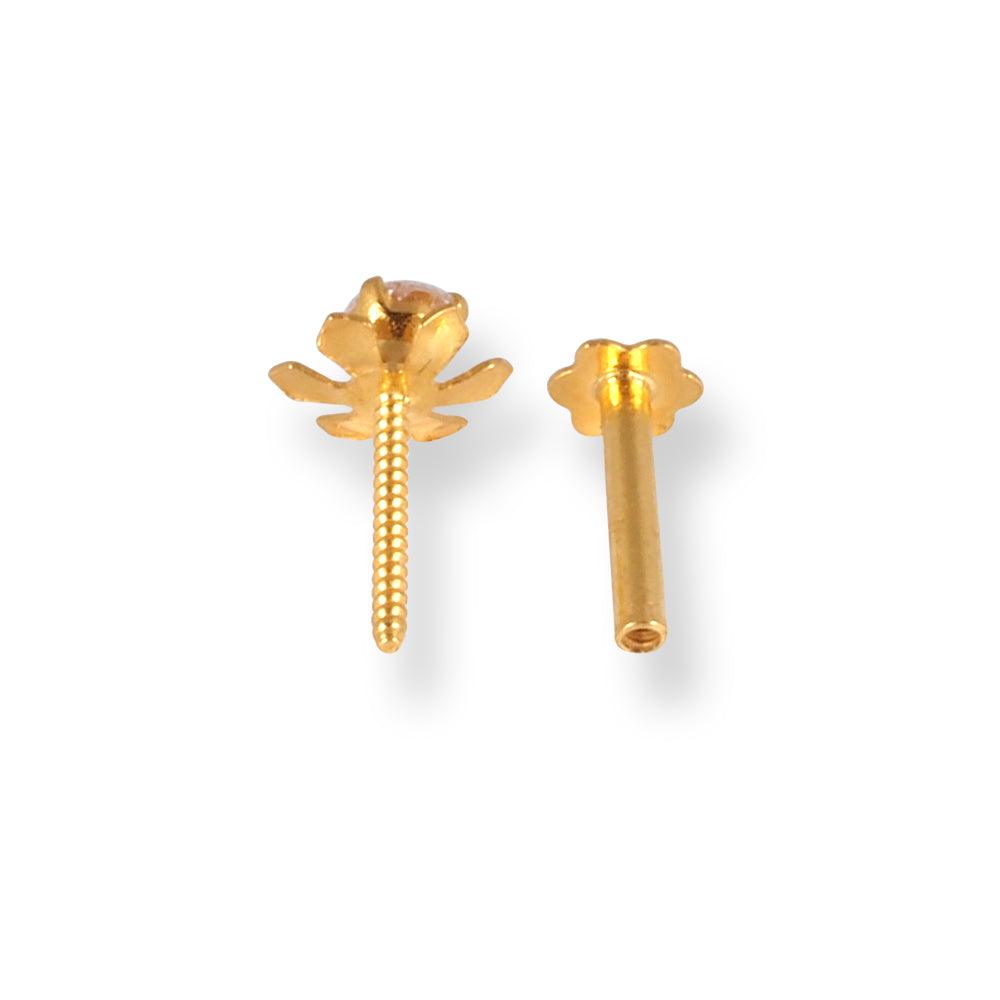 18ct Yellow Gold Flower Design Screw Back Nose Stud with Cubic Zirconia Stone (4.5MM - 6MM) NIP-4-440 - Minar Jewellers