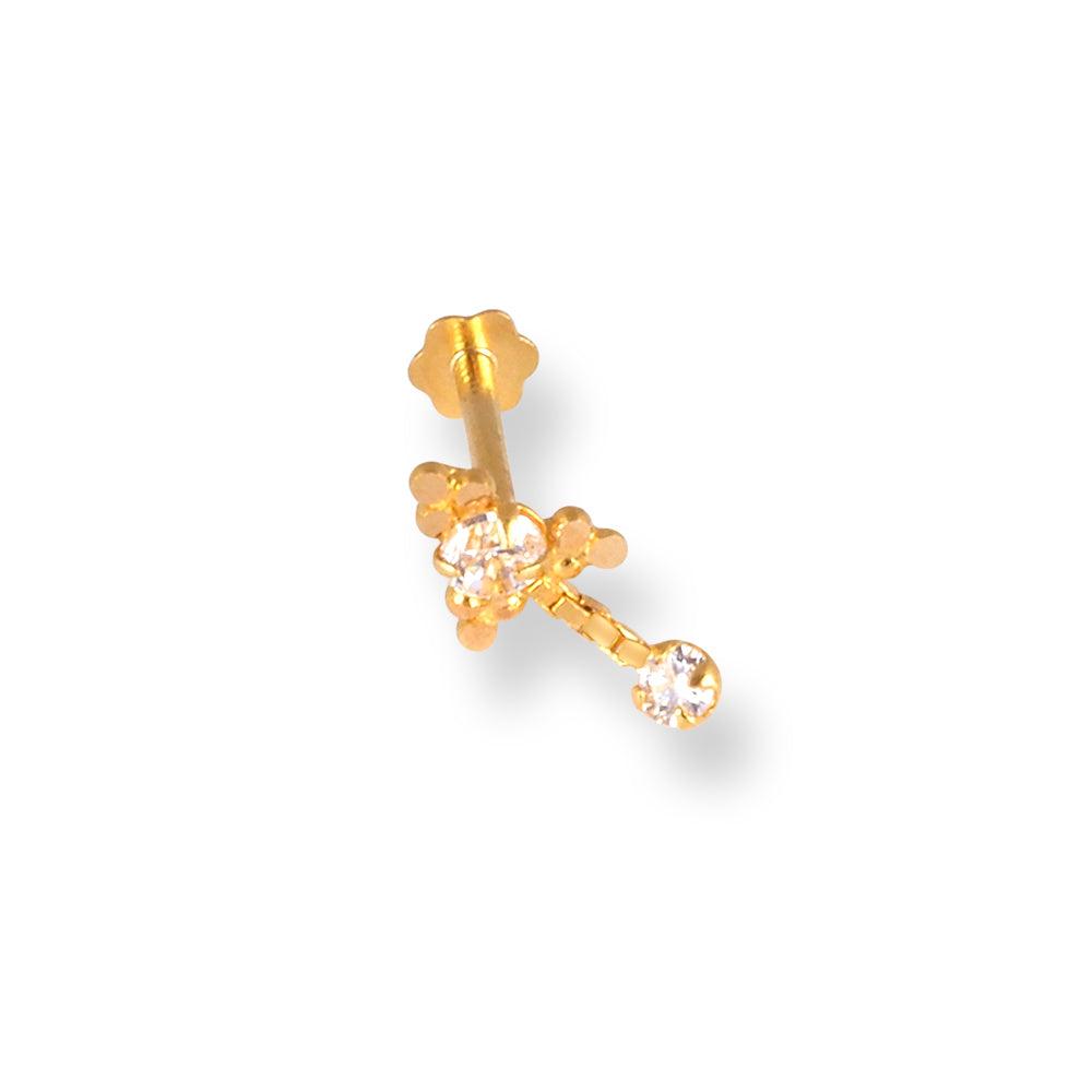 18ct Yellow Gold Screw Back Drop Nose Stud with Cubic Zirconia Stones NIP-4-940c - Minar Jewellers