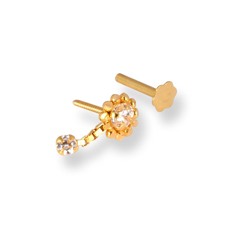 18ct Yellow Gold Screw Back Drop Nose Stud with Cubic Zirconia Stones NIP-4-940d - Minar Jewellers