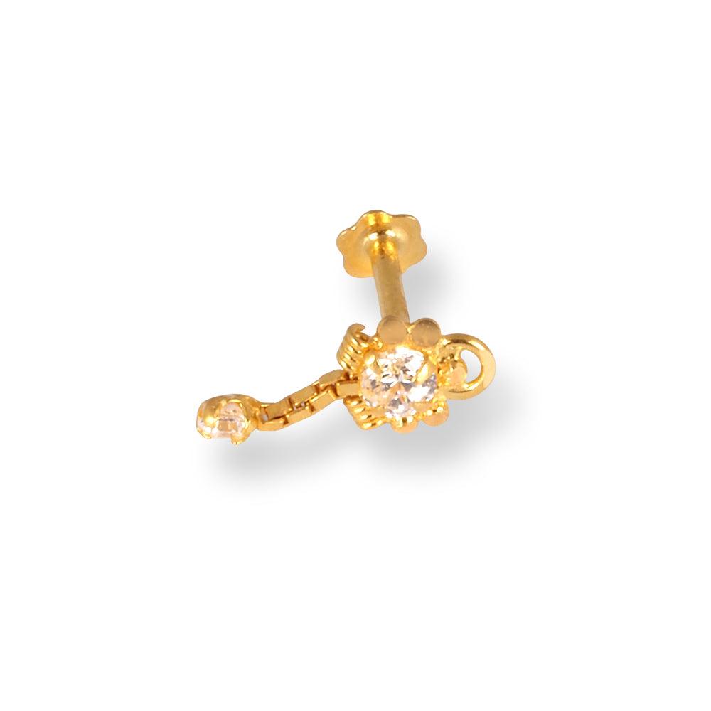 18ct Yellow Gold Screw Back Drop Nose Stud with Cubic Zirconia Stones NIP-4-940f - Minar Jewellers