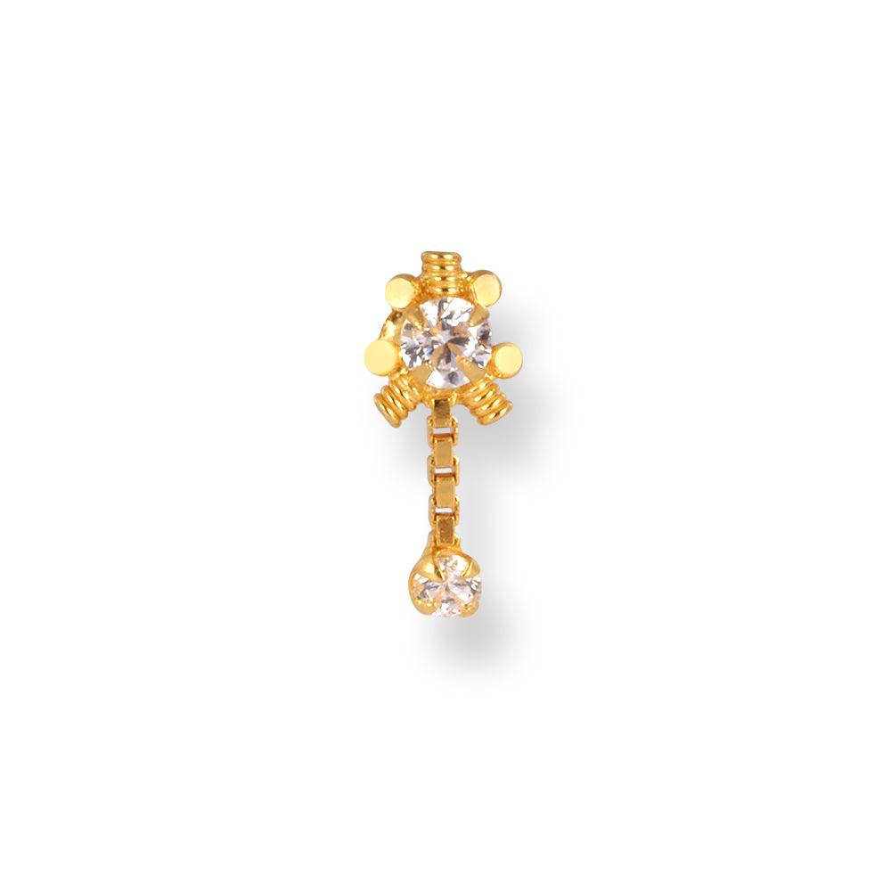 18ct Yellow Gold Screw Back Drop Nose Stud with Cubic Zirconia Stones NIP-4-940g - Minar Jewellers