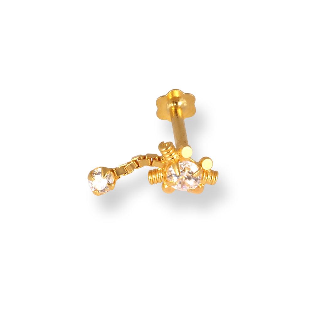 18ct Yellow Gold Screw Back Drop Nose Stud with Cubic Zirconia Stones NIP-4-940g - Minar Jewellers