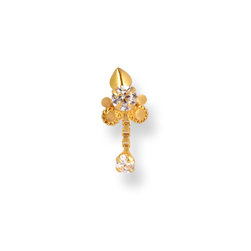 18ct Yellow Gold Screw Back Drop Nose Stud with Cubic Zirconia Stones NIP-4-940h - Minar Jewellers