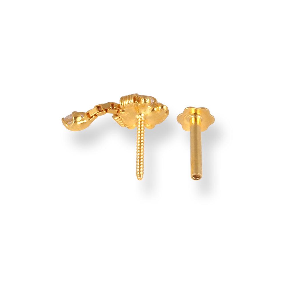 18ct Yellow Gold Screw Back Drop Nose Stud with Cubic Zirconia Stones NIP-4-940i - Minar Jewellers