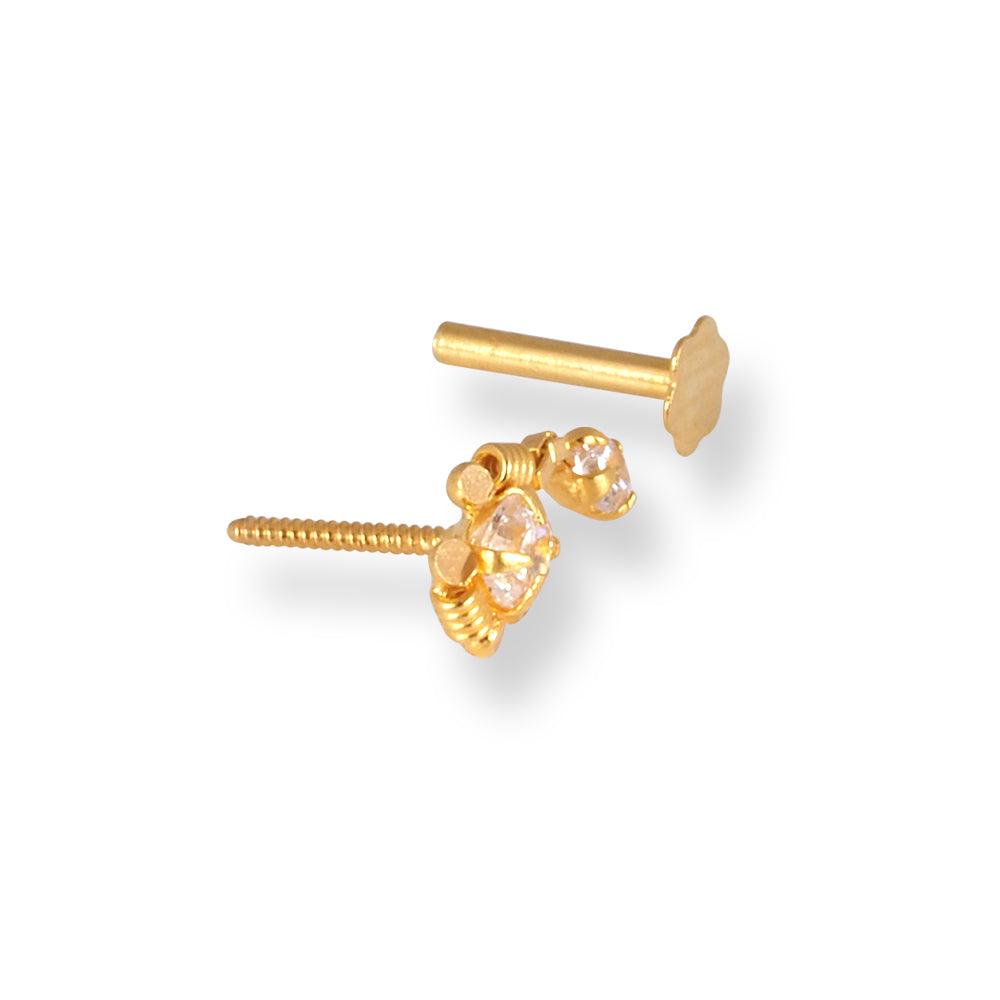 18ct Yellow Gold Screw Back Drop Nose Stud with Cubic Zirconia Stones NIP-4-940i - Minar Jewellers