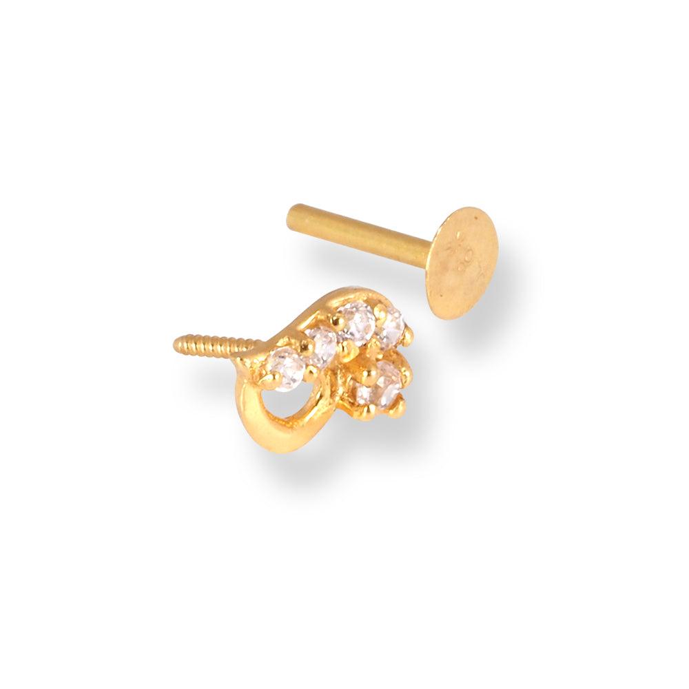 18ct Yellow Gold Screw Back Drop Nose Stud with Cubic Zirconia Stones NS-4540a - Minar Jewellers