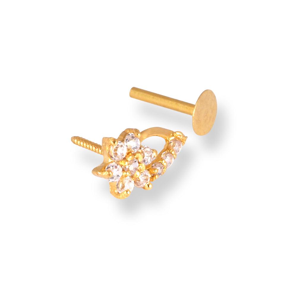 18ct Yellow Gold Screw Back Drop Nose Stud with Cubic Zirconia Stones NS-4540b - Minar Jewellers
