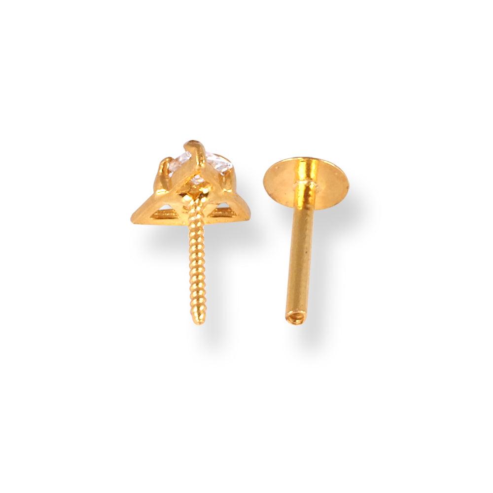 18ct Yellow Gold Screw Back Drop Nose Stud with Cubic Zirconia Stones NS-4540c - Minar Jewellers