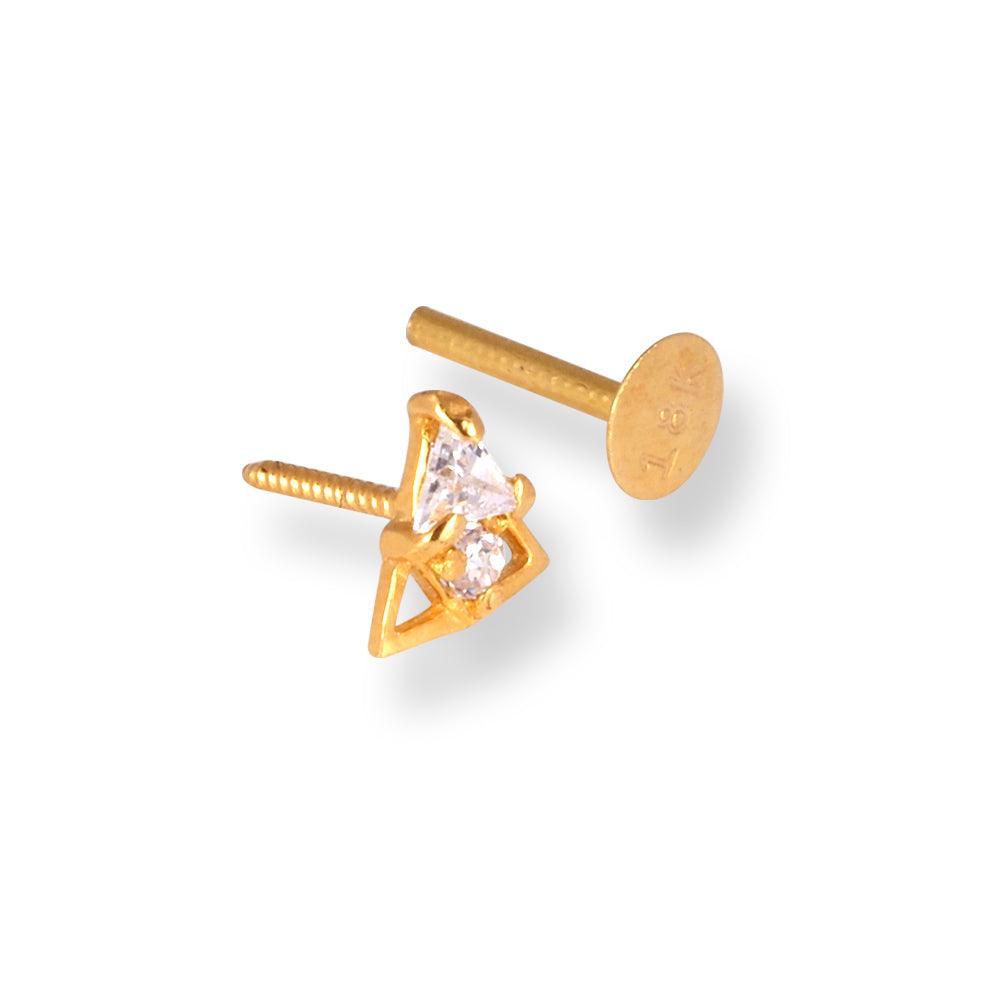 18ct Yellow Gold Screw Back Drop Nose Stud with Cubic Zirconia Stones NS-4540c - Minar Jewellers