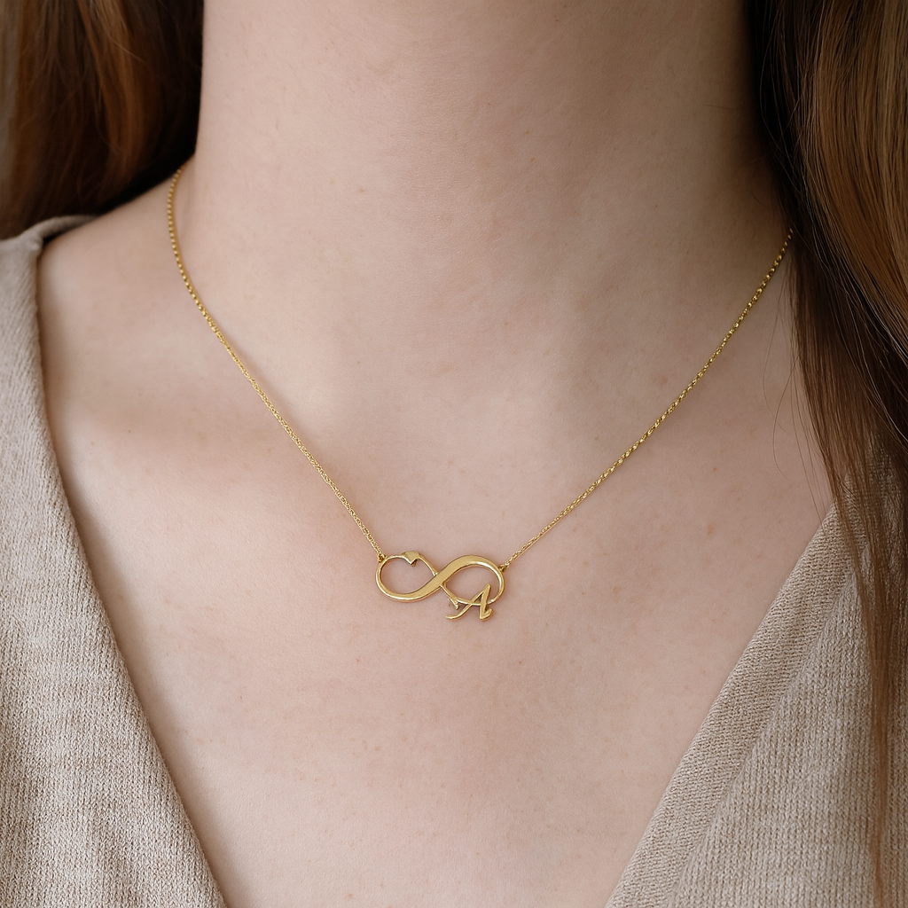 18ct Gold or Sterling Silver Infinity Heart Necklace with A Initial Letter – Luxury Gift for Her