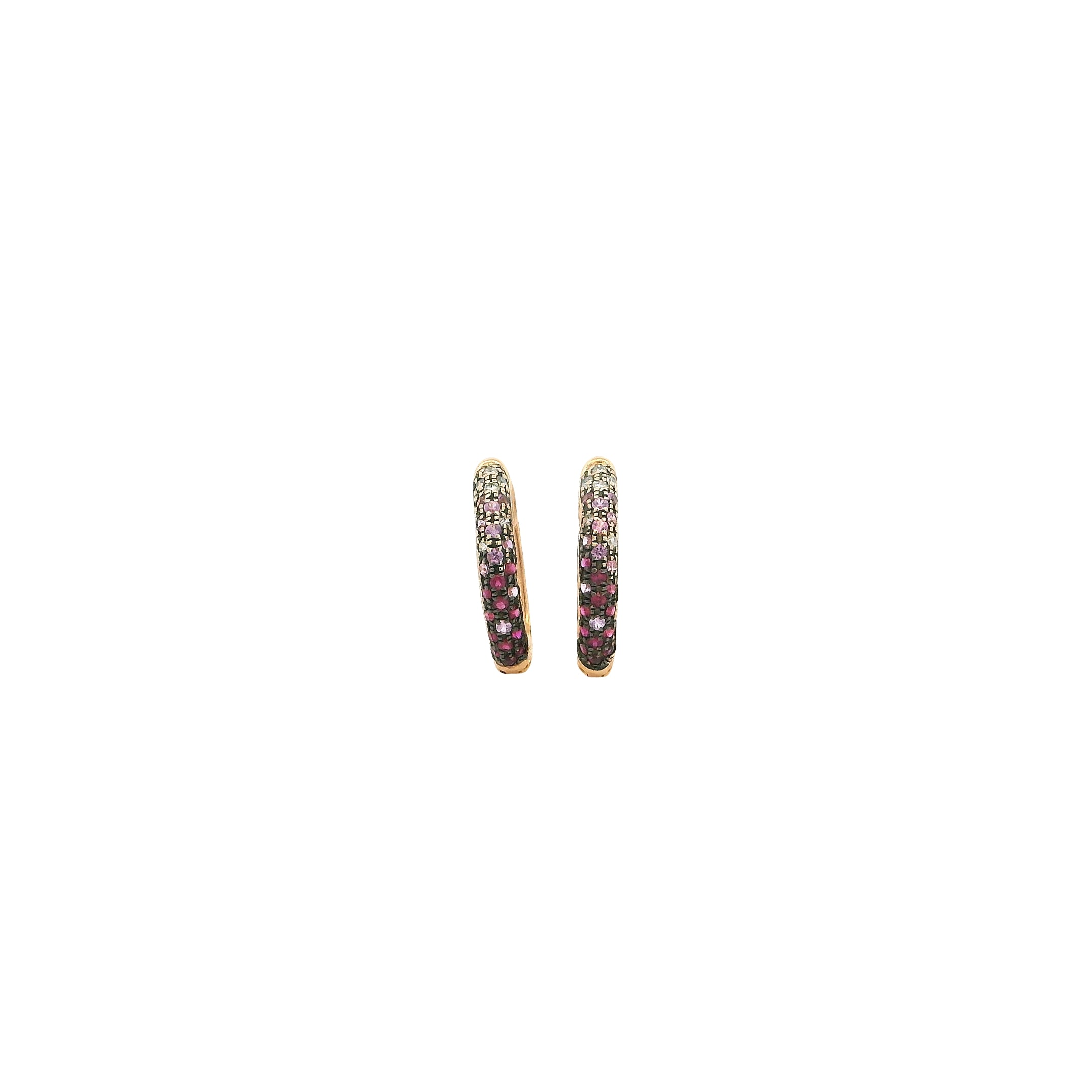 18ct Rose Gold Ruby & Pink Sapphire Huggie Earrings with Diamond Accents – Gradient Pavé Design