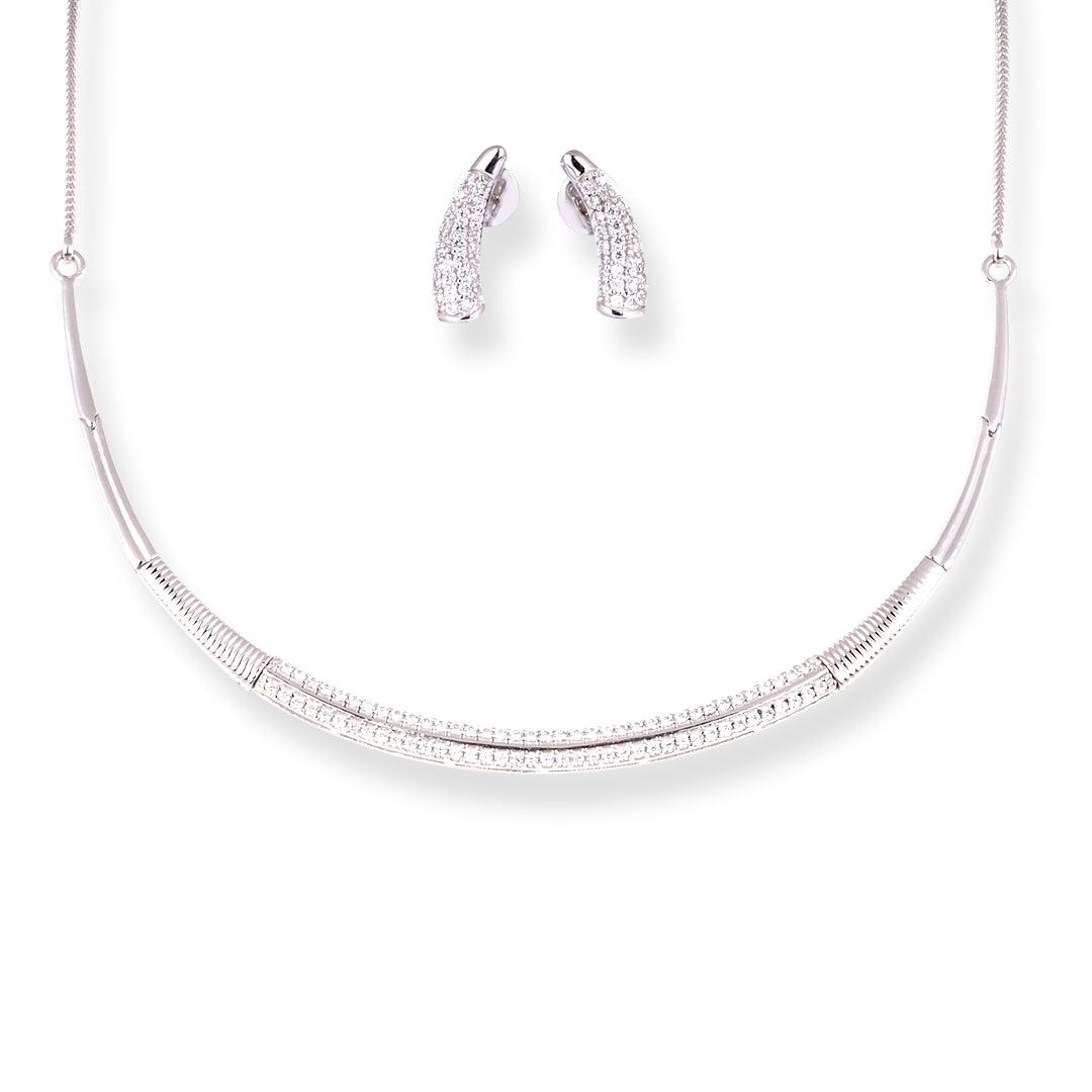 18ct White Gold Bar Necklace & Earrings Set with Pavé Cubic Zirconia Design