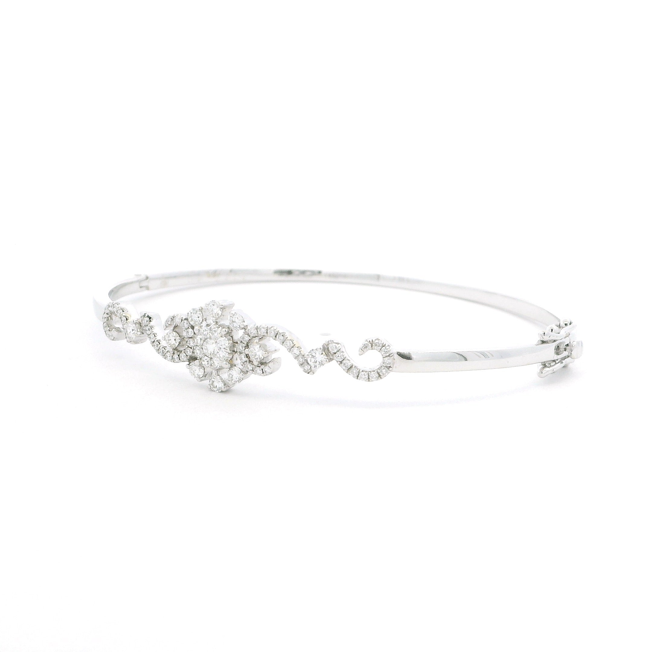 18ct White Gold Diamond Bracelet – Classic Floral Cluster with Curved Scroll Design