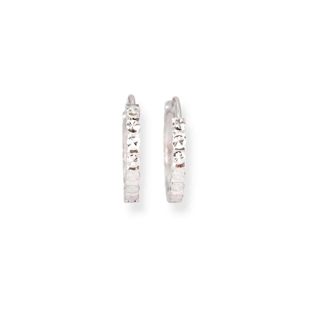 18ct White Gold Diamond Cut Huggie Earrings – Minimal Hoop Style