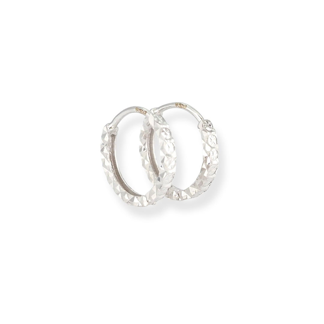 18ct White Gold Diamond Cut Huggie Earrings – Minimal Hoop Style