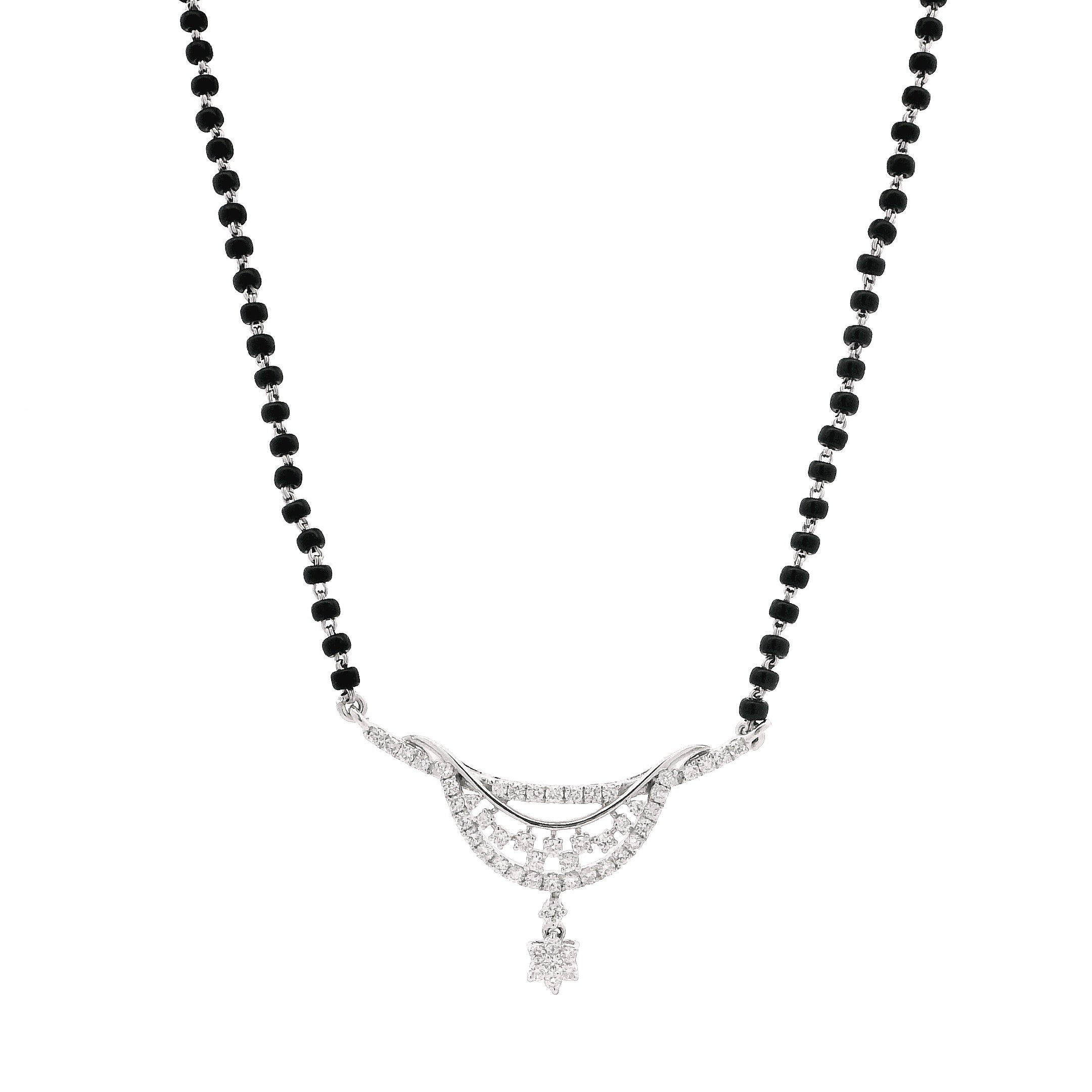 18ct White Gold Diamond Mangalsutra – Decorative Curved Frame with Diamond Drop Accent