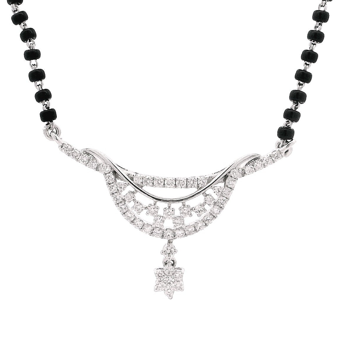 18ct White Gold Diamond Mangalsutra – Decorative Curved Frame with Diamond Drop Accent