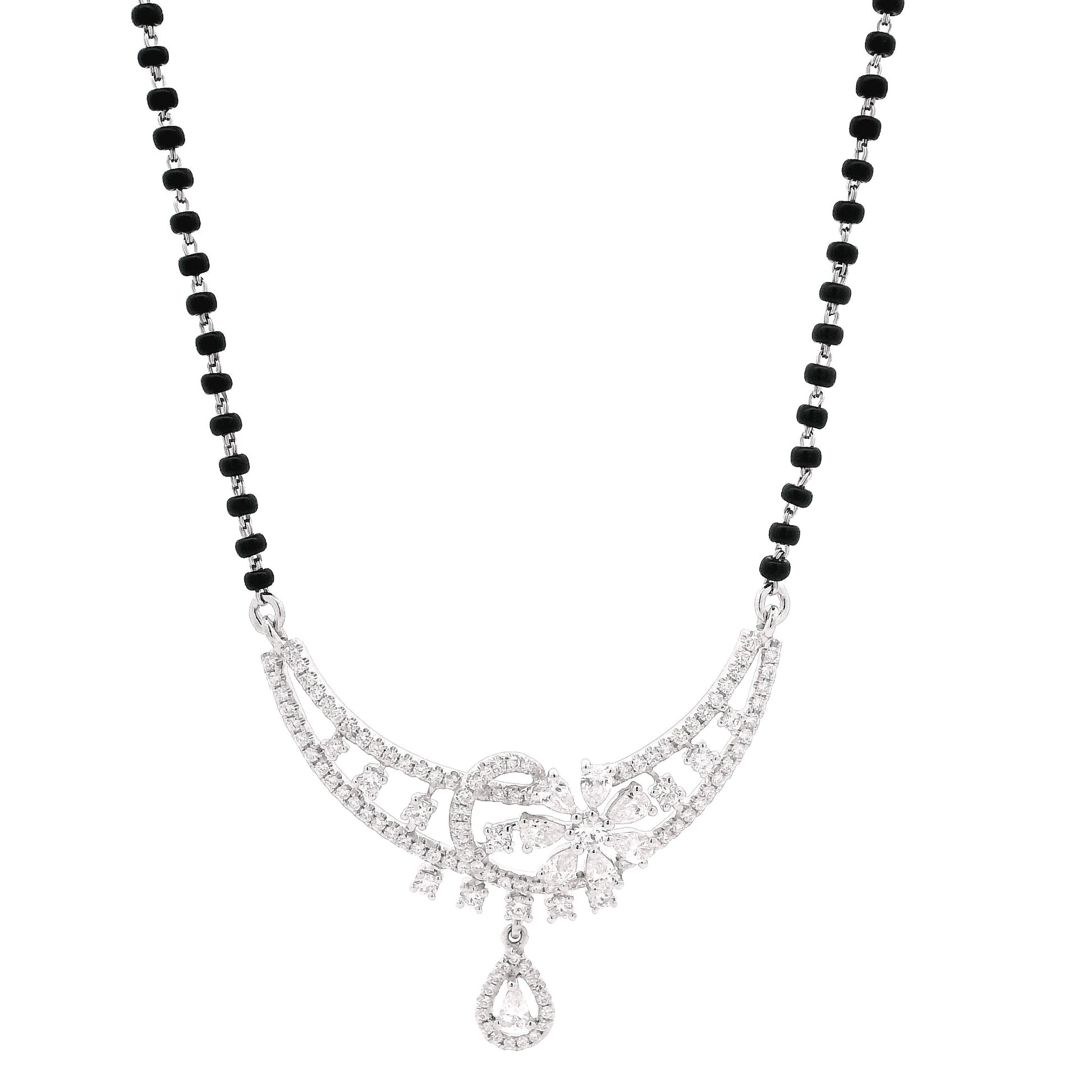 18ct White Gold Diamond Mangalsutra – Intricate Floral Centre with Pear Drop Accent