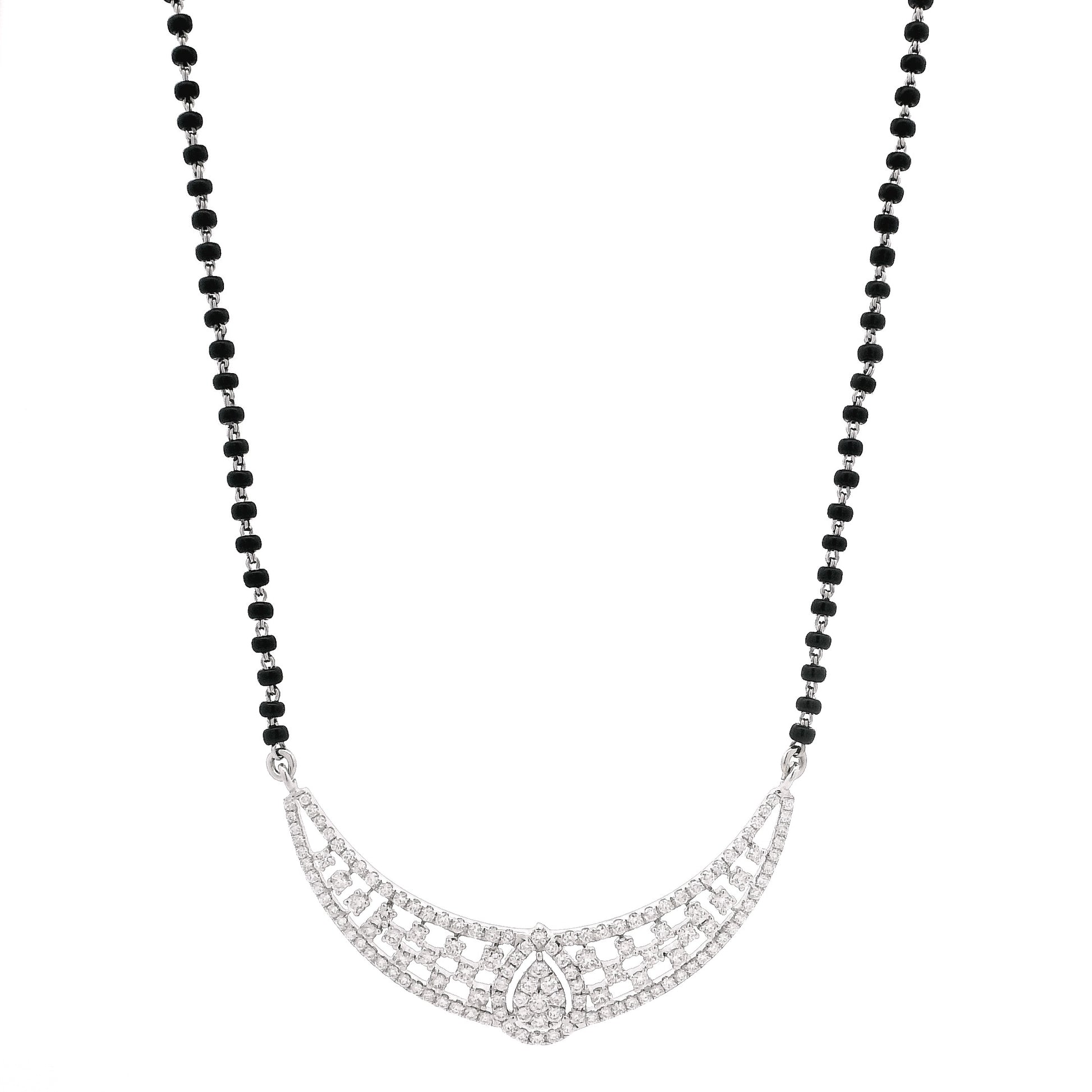 18ct White Gold Diamond Mangalsutra – Intricate Lattice Pendant with Pear Shape Centre