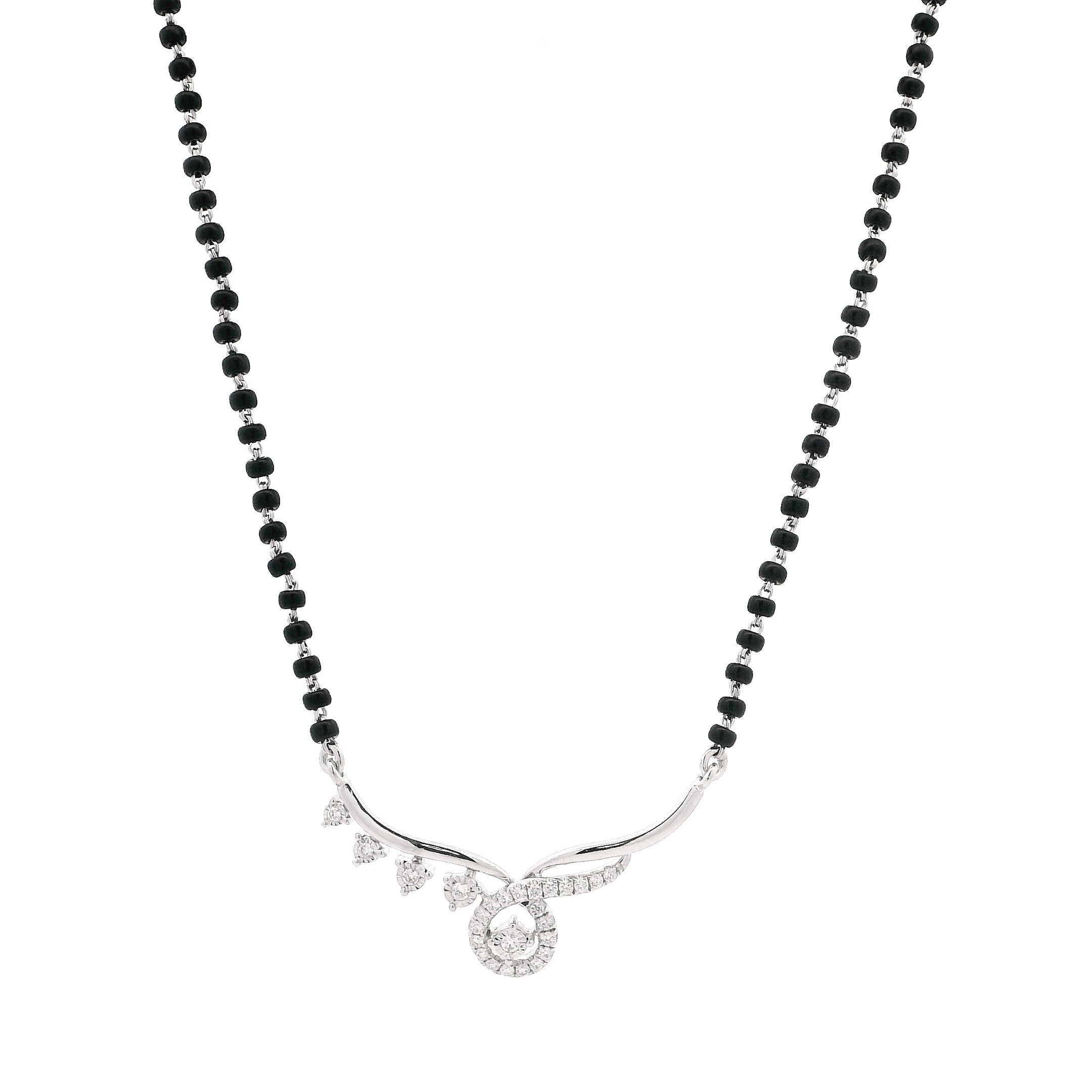 18ct White Gold Diamond Mangalsutra – Sleek Curve with Halo Diamond Pendant