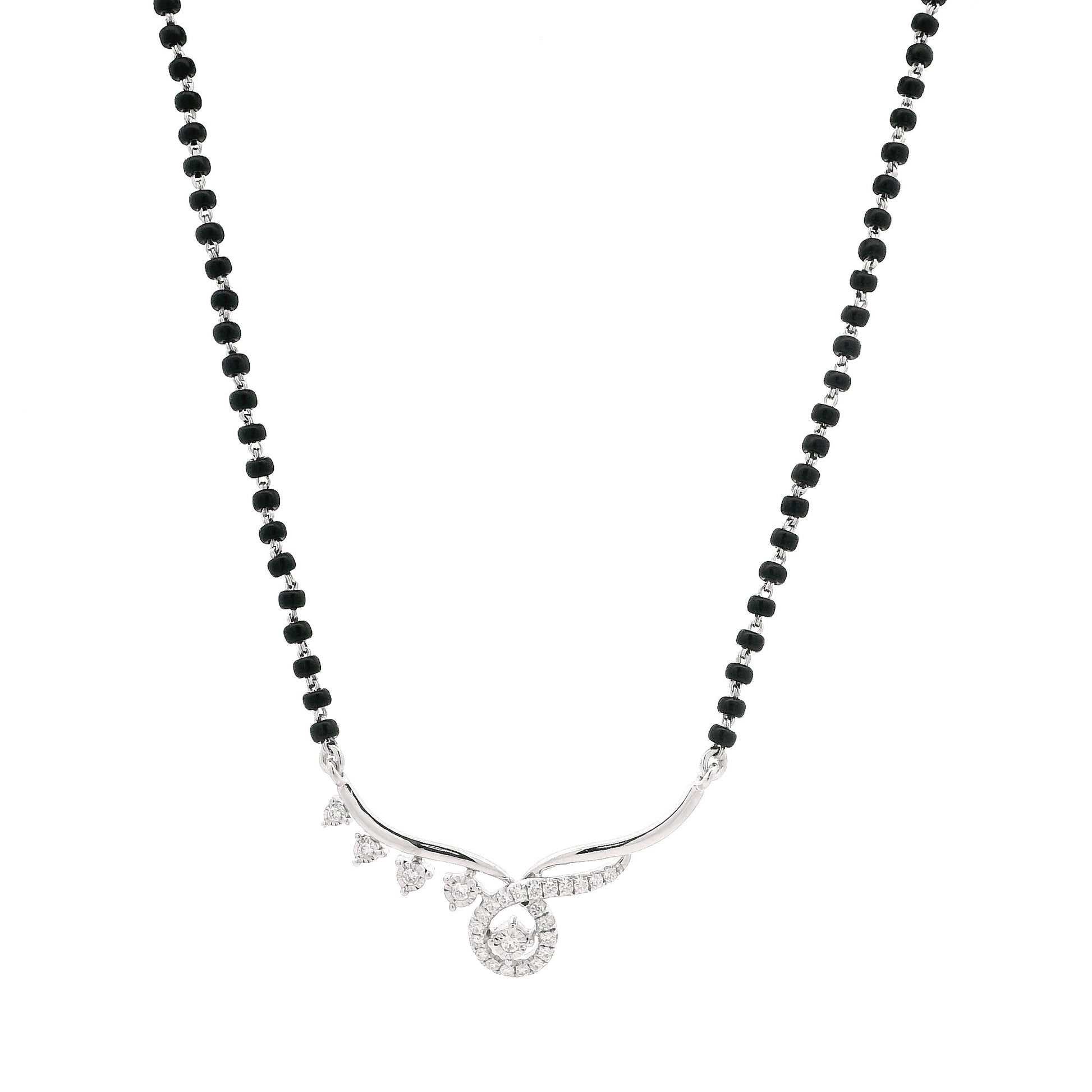 18ct White Gold Diamond Mangalsutra – Sleek Curve with Halo Diamond Pendant
