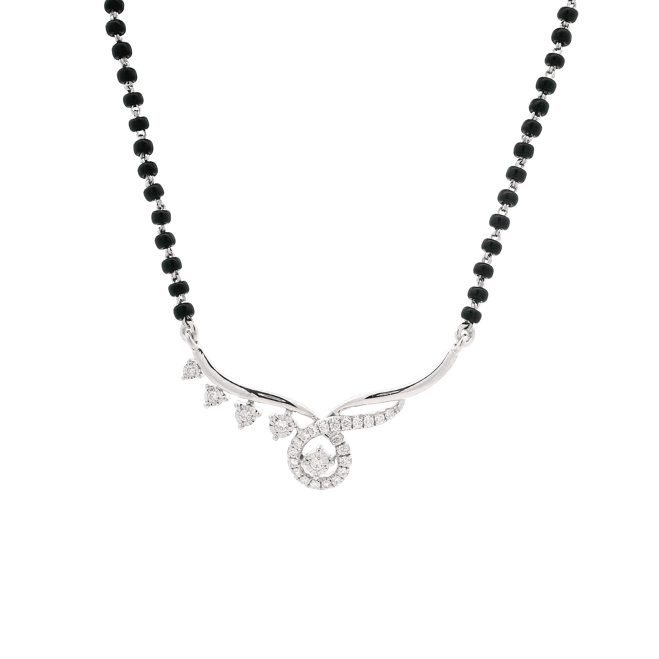 18ct White Gold Diamond Mangalsutra – Sleek Curve with Halo Diamond Pendant