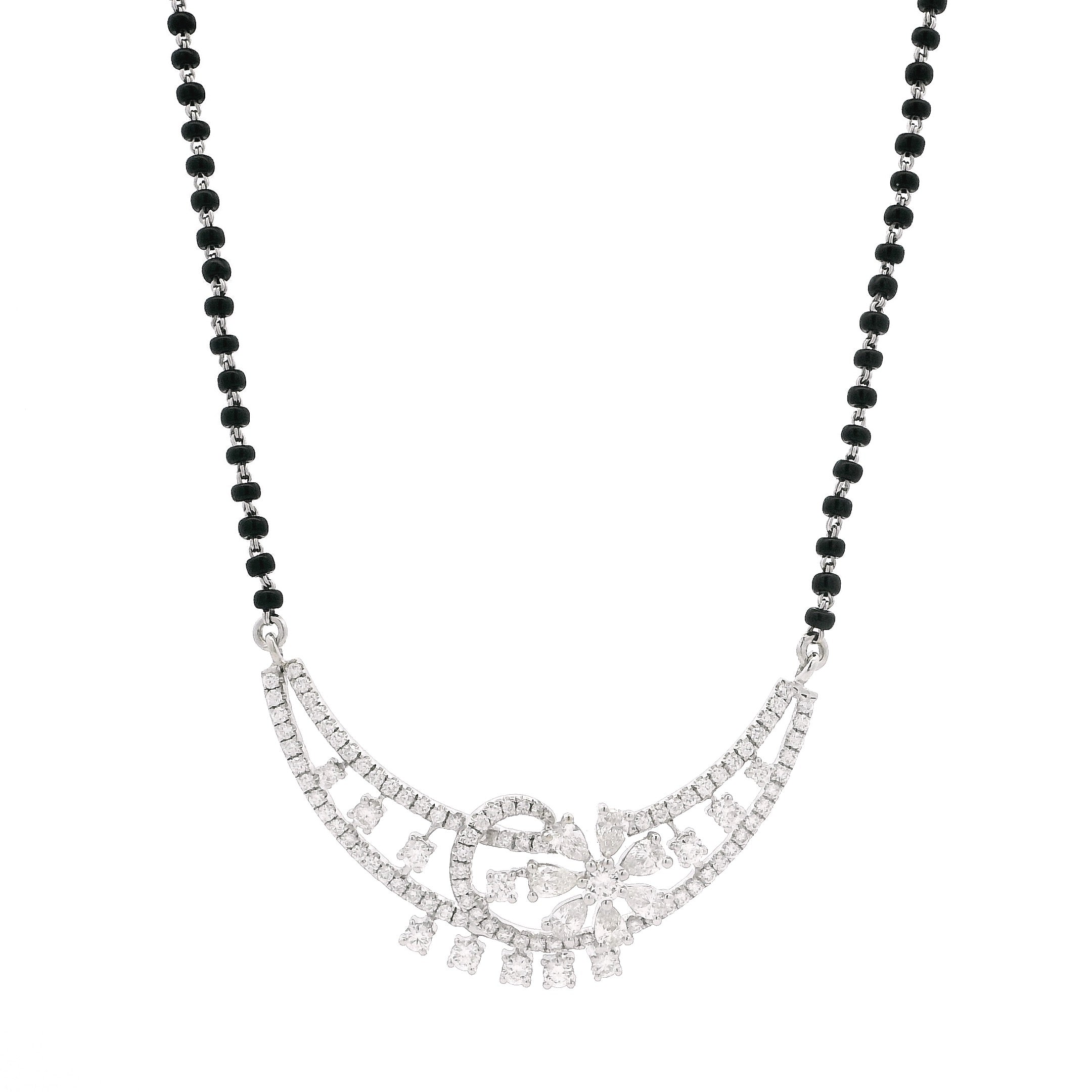 18ct White Gold Diamond Mangalsutra – Traditional Floral Centre with Modern Diamond Curve