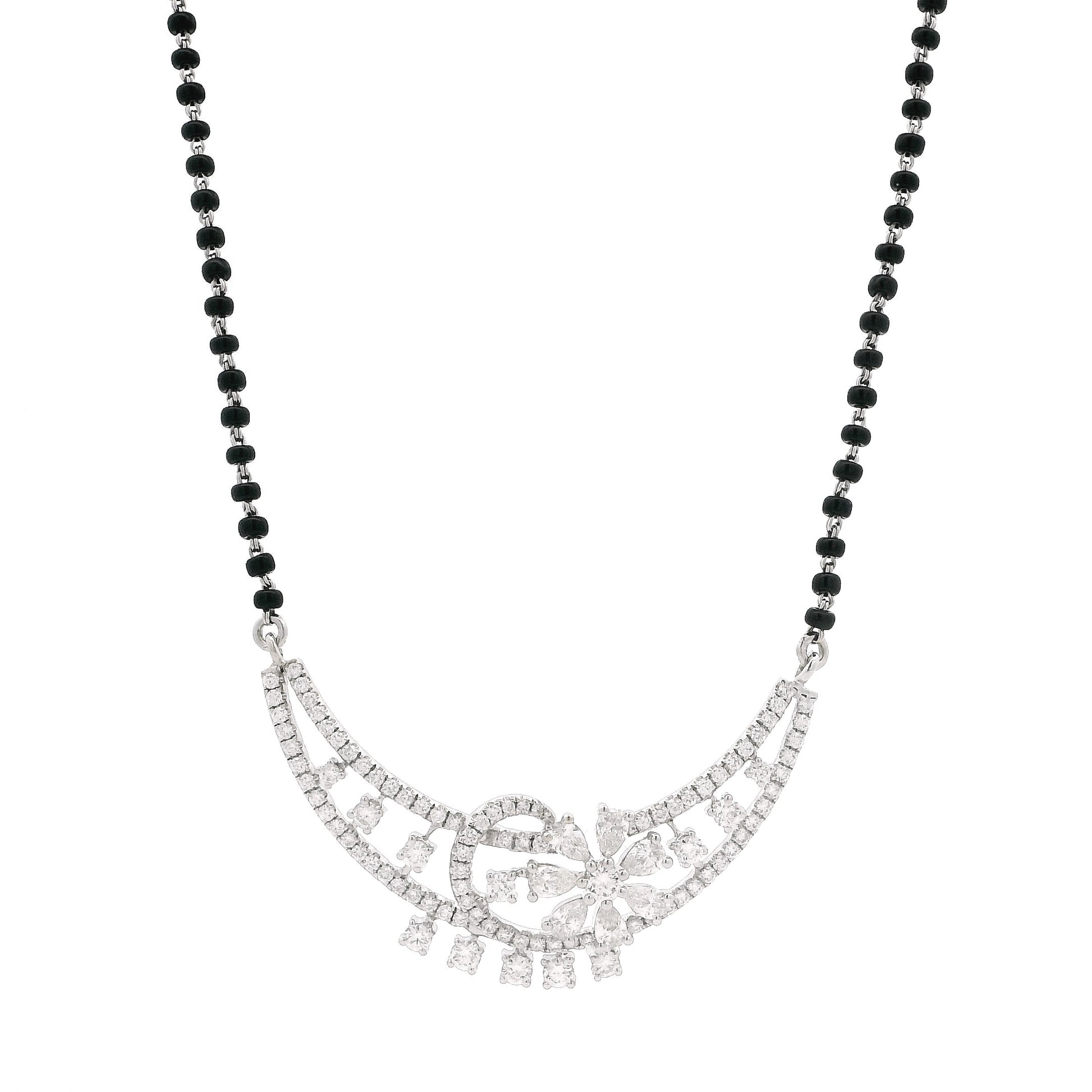 18ct White Gold Diamond Mangalsutra – Traditional Floral Centre with Modern Diamond Curve